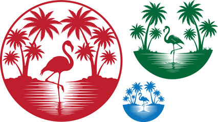 Three tropical flamingo scenes with palm trees in red green and blue colors on transparent background