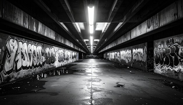 Urban underpass featuring massive monochrome graffiti, layered textures, spray cans on ground, and dramatic contrast from overhead light beams