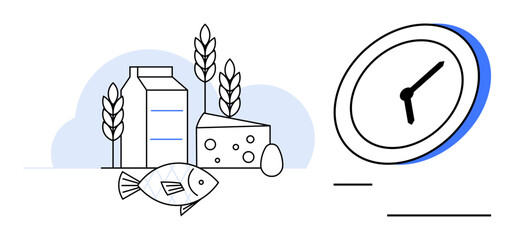 Dairy, fish, cereals, egg alongside a clock signifying balance between nutrition, scheduling, and efficiency. Ideal for health, diet, routine meal planning productivity time management