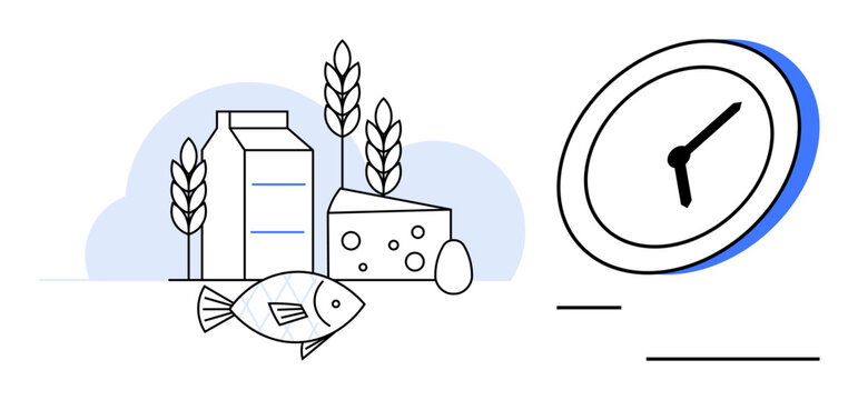 Dairy, fish, cereals, egg alongside a clock signifying balance between nutrition, scheduling, and efficiency. Ideal for health, diet, routine meal planning productivity time management