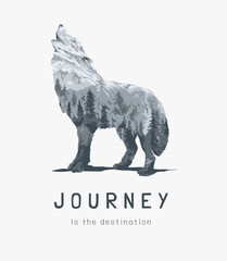 Naklejka premium journey slogan alpine mountain in howling wolf silhouette vector illustration