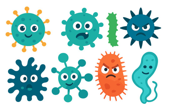 Cute and angry cartoon microscopic organisms, viruses, and bacteria characters