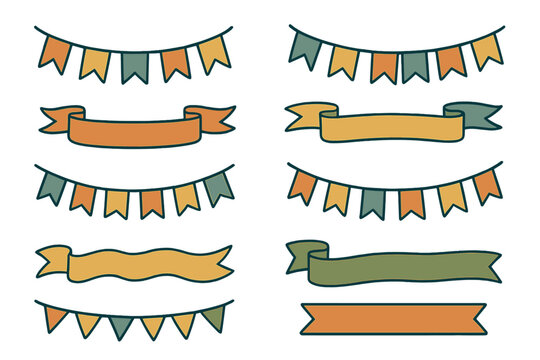 Set of colorful bunting flags and decorative ribbon banners in autumn colors
