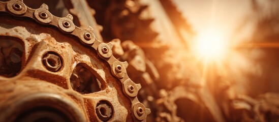 Close-up of a rusty bicycle chain and gears with sun flare.