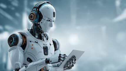 A humanoid robot with sleek design uses a tablet in a high-tech environment, showcasing technology Generative AI