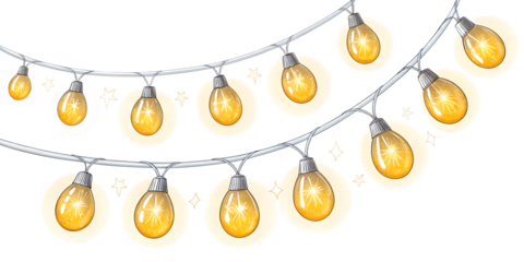Two curved lines of bright yellow light bulbs illuminate charmingly, adorned with sparkling star shapes for festive decoration.