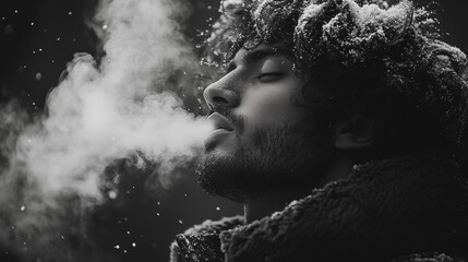 Obraz premium Black and white cinematic portrait of a man outdoors in winter snow, condensation breath creating visible smoke-like vapor from his mouth, cold breath vapor visible, snowflakes falling around him