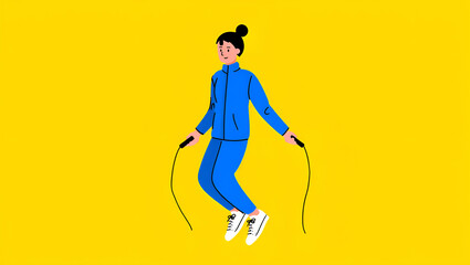 Energetic Young Woman Skipping Rope on Yellow Background Fitness and Exercise Concept, Generative AI