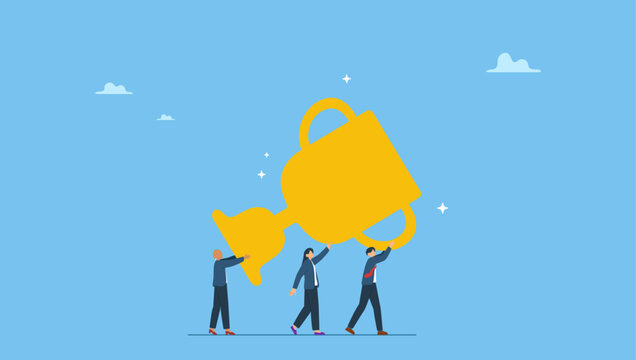 Business team people celebrate help carry big winner trophy. Team achievement, teamwork collaborate work together to achieve business goal, winning award or success, partnership or participation.