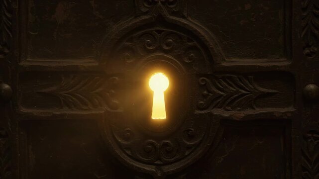 Vintage door keyhole with warm light illuminating the background  