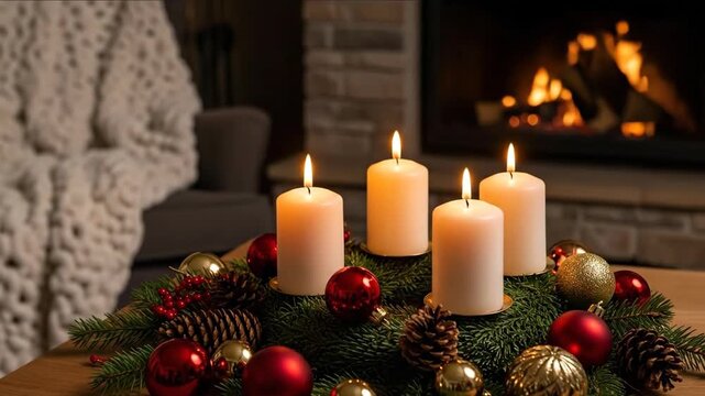 Lit advent wreath with four candles burning by fireplace, a holiday celebration concept - Powered by Adobe