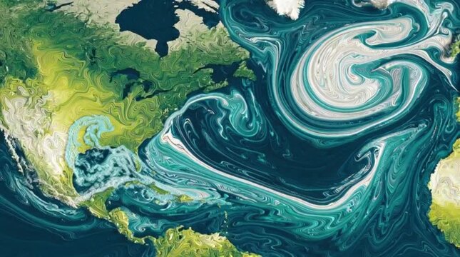 Satellite view of the Gulf Stream current swirling in the Atlantic Ocean, showing the mixing of warm and cold waters near North America.