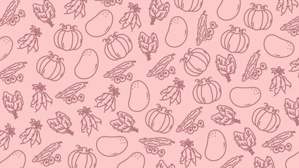Pastel Pink Vegetable Doodle Pattern Background with Pumpkin and Leafy Greens