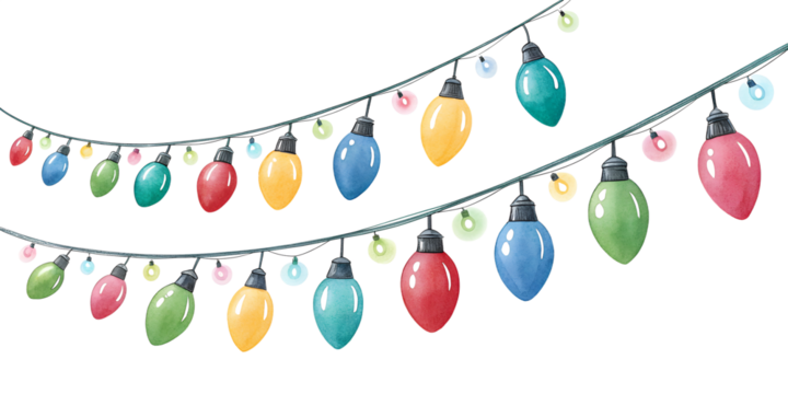 Two cheerful strings of colorful holiday lights shine brightly, rendered in a charming watercolor style, ideal for festive design projects.