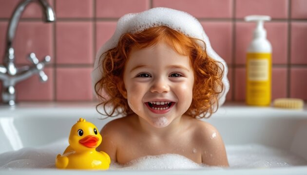 Happy caucasian red-haired toddler girl laughing in bathtub with bubble foam and rubber duck. Kid hygiene and childhood concept. - Powered by Adobe