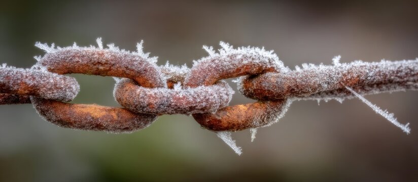 Close-up of a rusty metal chain covered in frost.
