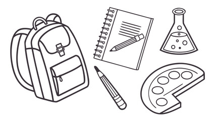 Isometric black and white line art set of school supplies including a backpack, notebook, pencil, flask, and palette.