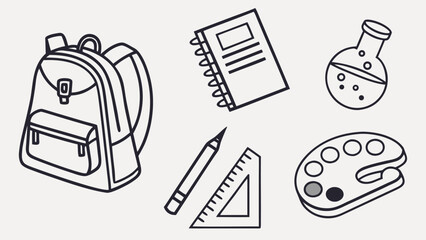 School Supplies Line Art: Backpack, Notebook, Flask, Palette, Pencil, Ruler