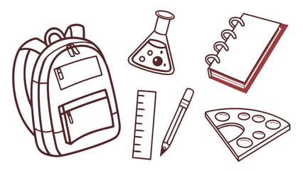 Simple brown outline doodle set of school and science items: backpack, flask, notebook, ruler, pencil, palette.