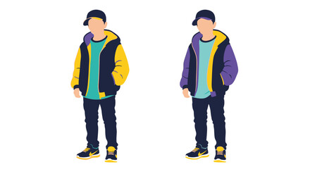 Two young men in stylish streetwear with vibrant color blocking