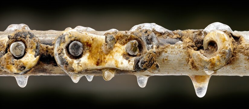 Close-up of a rusty metal chain with dripping liquid.