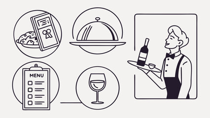 Smiling waiter in uniform holding a tray with a wine bottle and small dish, minimalist line art.