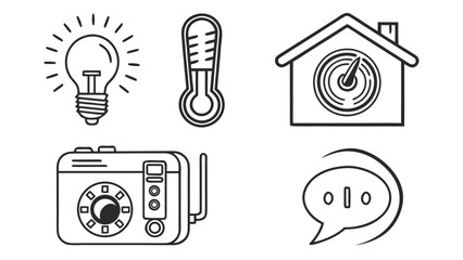 A collection of hand-drawn smart home icons in a black and white doodle style, representing automation and connectivity.