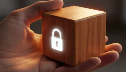 Cybersecurity and digital privacy with minimalist wooden security cube