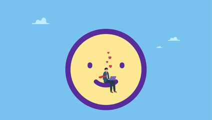 Happy businessman working with laptop on smile face with lovely heart. Metaphor of happiness and joyful. Work happiness, enjoy working or career satisfaction, loving job or passion.