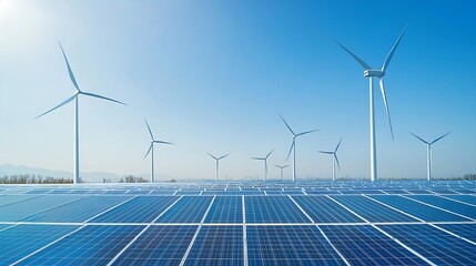 Renewable energy landscape featuring solar panels in foreground and wind turbines in background under clear blue sky, showcasing sustainable technology and environmental innovation