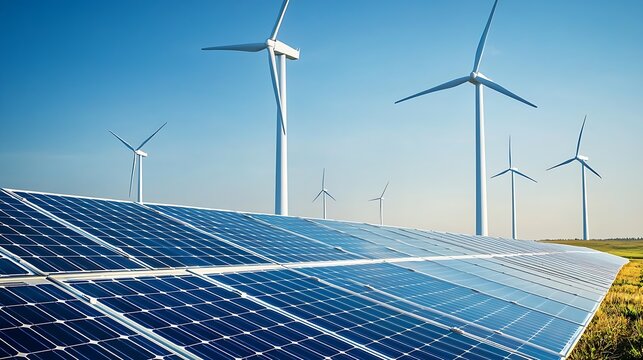 Solar panels in foreground with wind turbines in background under clear blue sky, showcasing renewable energy technology and sustainable development in a modern landscape - Powered by Adobe