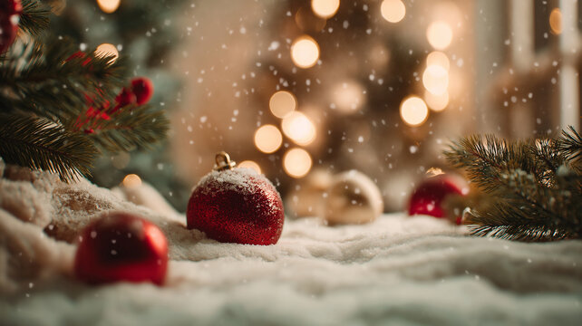 Red and gold ornaments rest on a snowy blanket while soft snowflakes fall in a cozy Christmas scene Generative AI