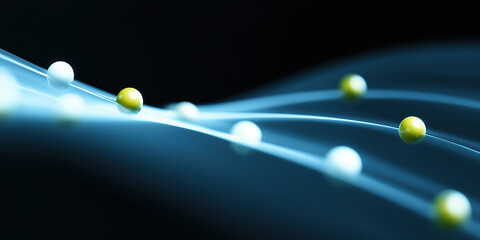 Glowing lines and particles curve through dark space like data streams.