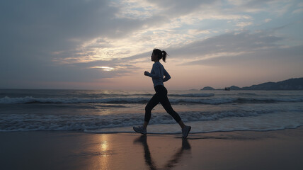 A person jogs on a serene beach as the sun sets, painting the sky with soft colors Generative AI