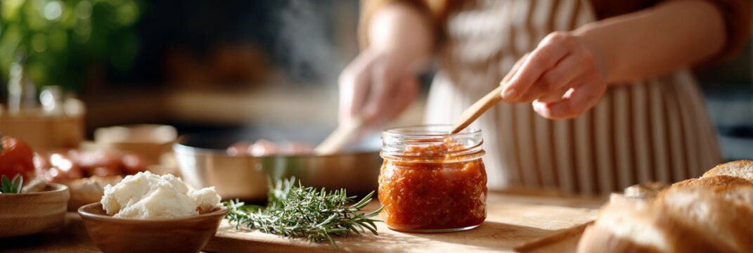 A woman is cooking in a kitchen with a jar of sauce on a wooden cutting board - Powered by Adobe