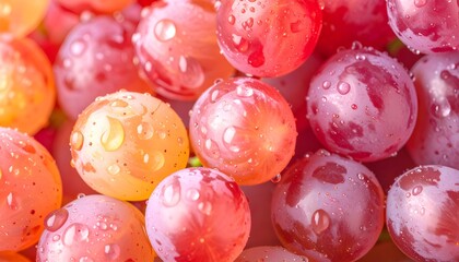Close-up macro shot of juicy red and green grapes covered in water droplets, highlighting their fresh, vibrant texture