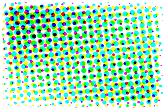 Multi-color halftone dot pattern with cyan, magenta, yellow, and black tones, perfect for print effects, retro design