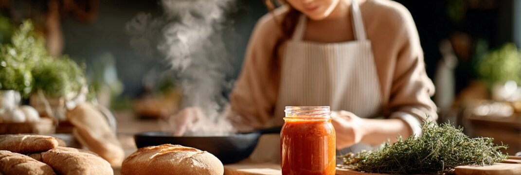 A woman is cooking in a kitchen with a jar of sauce on a wooden cutting board