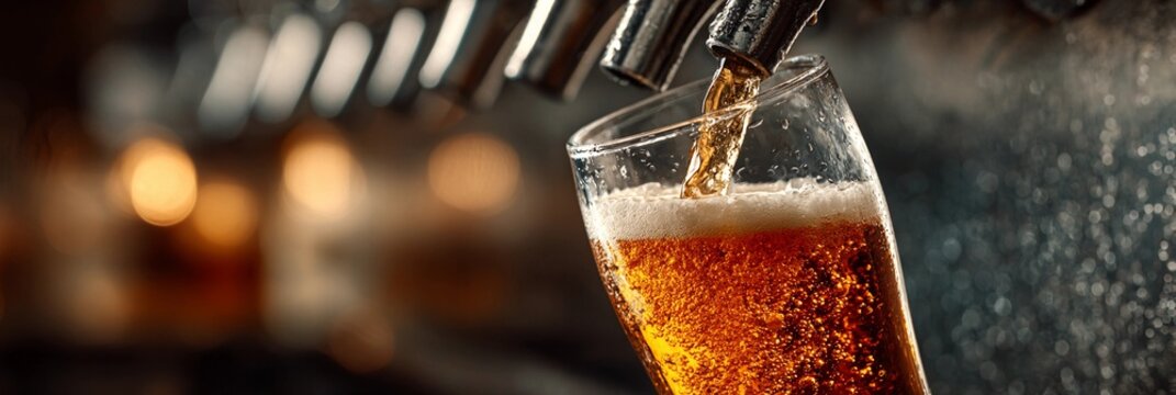 A glass of beer is poured into a glass from a tap