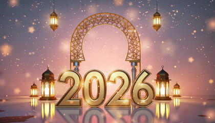 Celebrate New Year 2026 with elegant golden numerals and festive lanterns