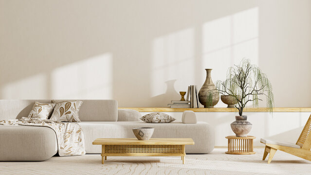 Minimal Japandi interior with neutral wall, bonsai plant, and daylight harmony offering wide negative space for text placement. 3D illustration.