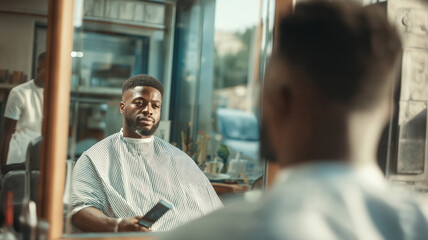 A man relaxes in a trendy barbershop, awaiting his stylish haircut and enjoying the vibe Generative AI