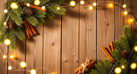 Holiday frame with string lights, pine, cinnamon on wood background