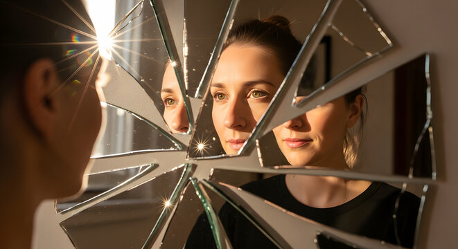 Woman Looking at Her Reflection in Broken Mirror