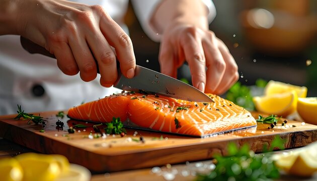 Preparing fresh salmon fillet with lemon and herbs on a wooden cutting board, chef's hands slicing the fish