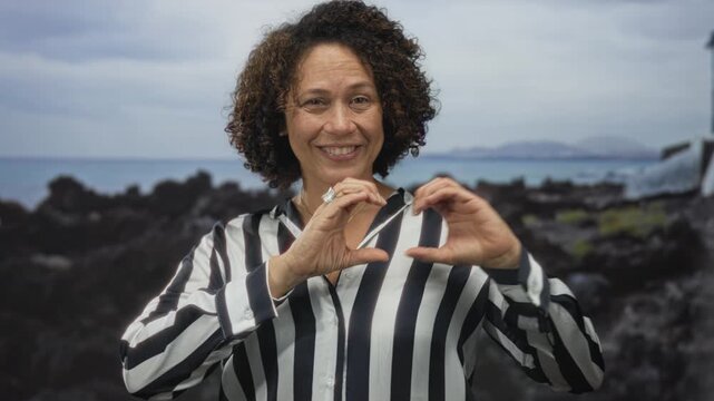 Woman wearing black and white striped shirt shapes heart gesture with fingers among dark lava rocks by the seaside coast; affection.