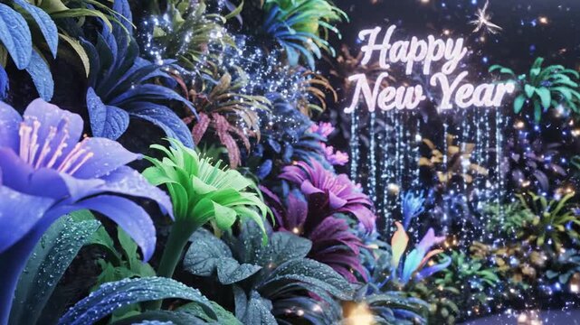 Happy New Year Celebration in a Lush, Tropical Garden Setting.