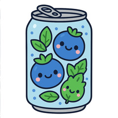 Cute cartoon soda can filled with smiling blueberries and fresh mint leaves