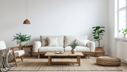 Obraz premium Cozy Living Room Interior Design with Modern Furniture and Natural Decor