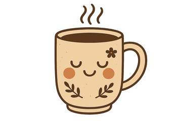 Cozy hot drink mug with a cheerful face and decorative leaves and flower design
